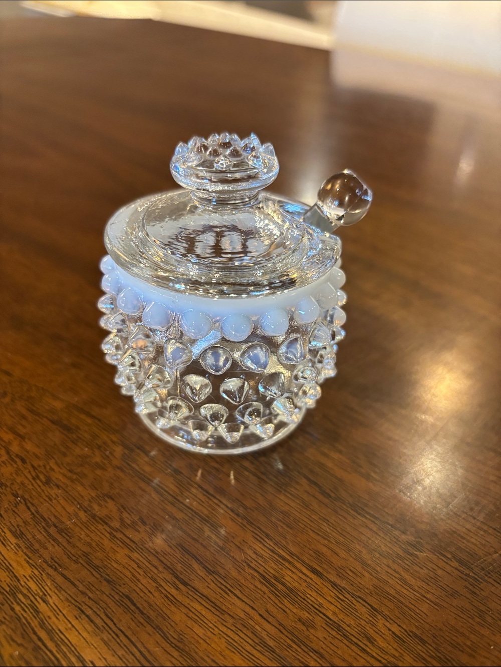 Vintage Fenton Opalescent Hobnail Glass Sugar Jar w/Lid - Clear and White